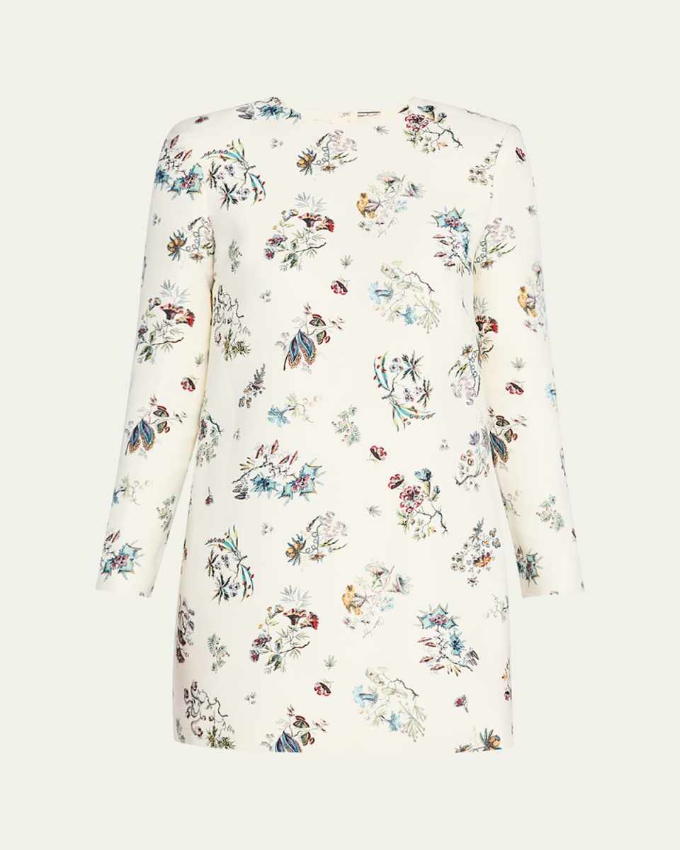 Floral-Print Long-Sleeve Silk Wool Mini Dress